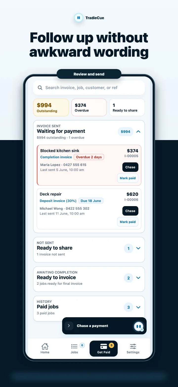 TradieCue drafting a payment follow-up message for an overdue invoice